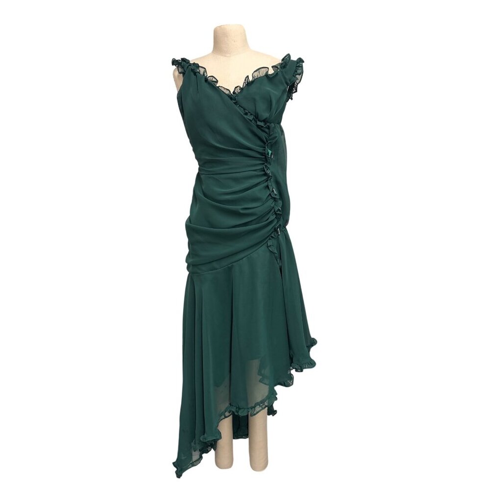 Green Ruffled Asymmetrical Handmade Dress With Ruched Details & Side Zipper